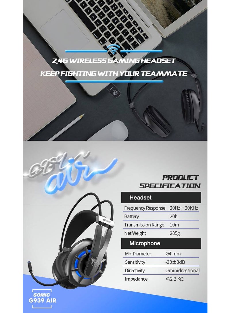 سوميك سماعة رأس G939AIR  للألعاب لاسلكية 2.4 جيجاهرتز بصوت محيطي 7.1 قناة مع ميكروفون - Image 3